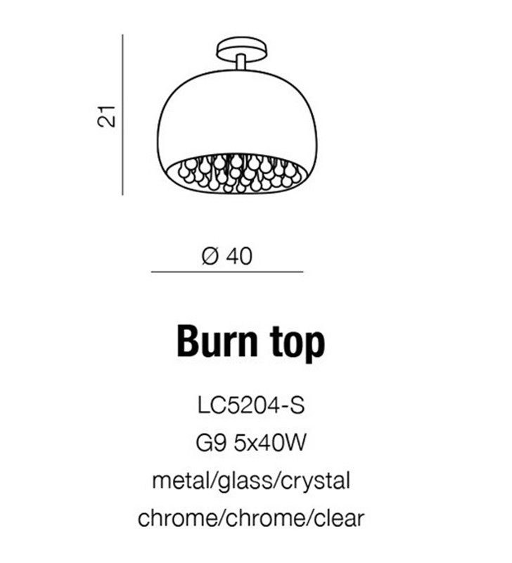 Plafon Burn 40cm z kryształami klosz szklany chromowany