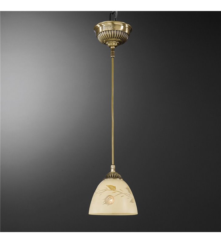 Lampa wisząca Bagheria mosiądz klosz szklany kremowy z dekorem do jadalni sypialni kuchni nad wyspę