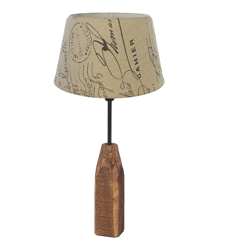 Lampa stołowa Rinsey w stylu vintage drewniana podstawa abażur tekstylny z nadrukiem