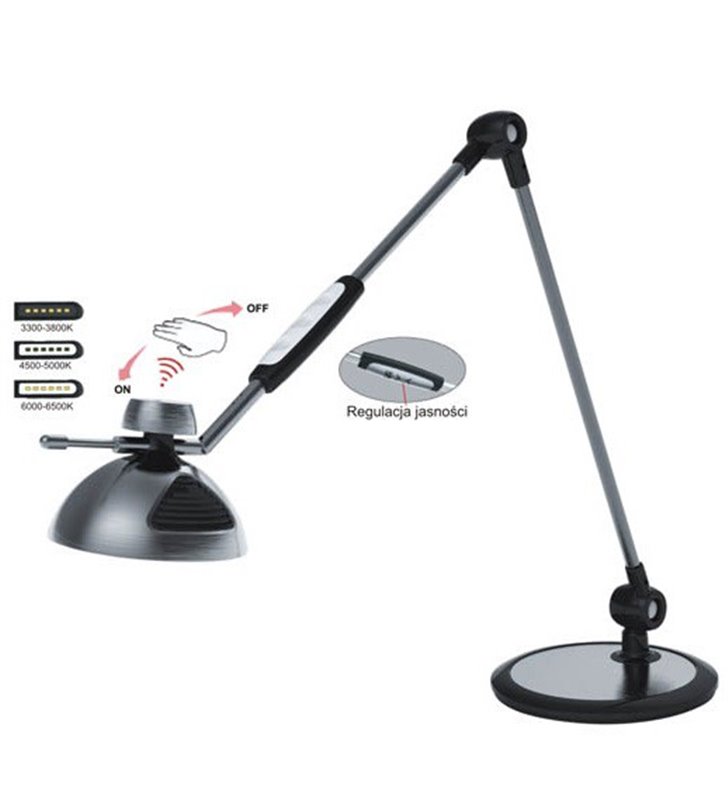 Lampka biurkowa Morino srebrna nowoczesna włącznik dotykowy regulacja jasności barwa światła od ciepłej do zimnej