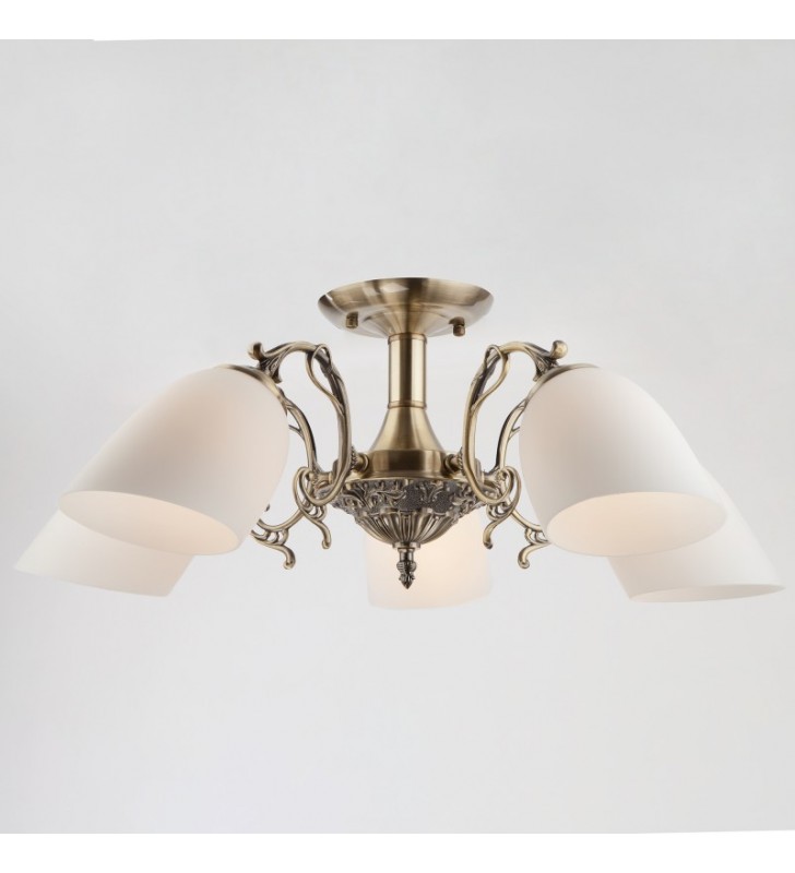 Lampa sufitowa Venice mosiądz antyczny białe szklane klosze styl klasyczny 5 punktowa
