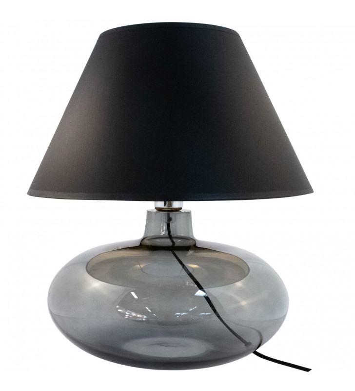 Adana czarna lampa stołowa ze szklaną pękata podstawą czarno złoty abażur włącznik na przewodzie