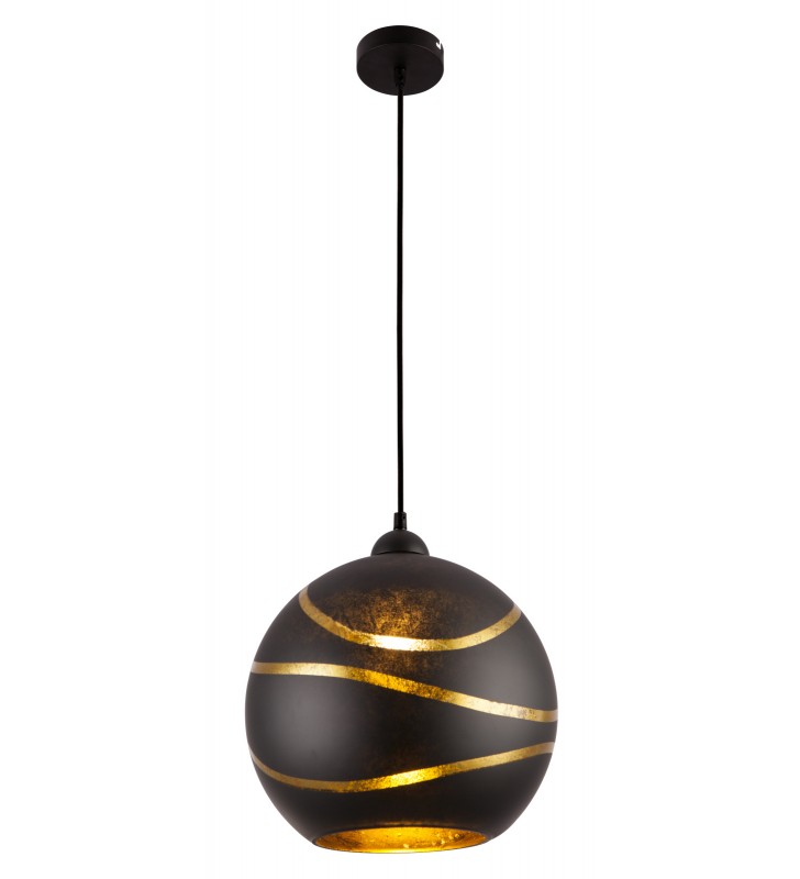 30cm czarno złota lampa wisząca Lommy szklana kula ze złotym środkiem dekor na kloszu kabel w tekstylnym oplocie